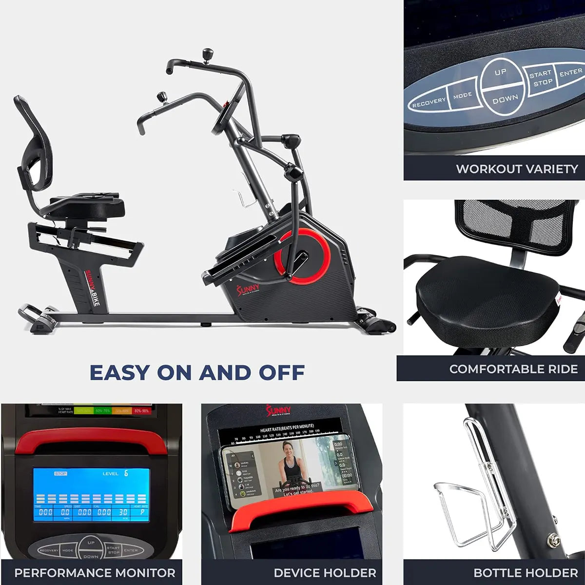 Sunny Health & Fitness Recumbent Elliptical Bike – Arm Exercisers, LCD, Mat Included