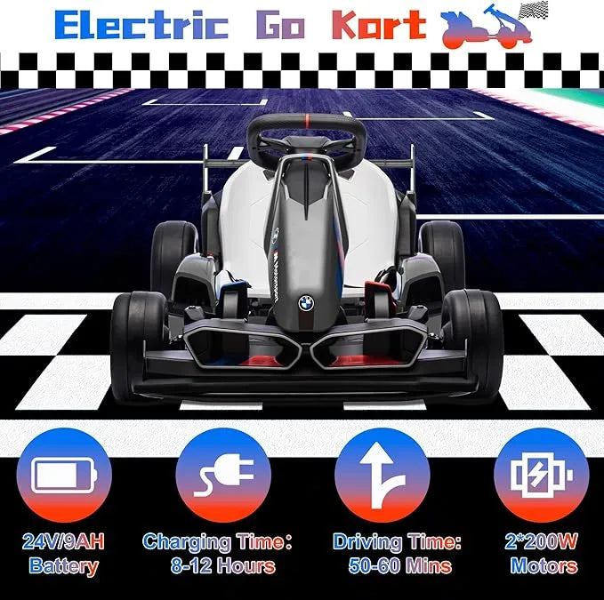 Electric Go Kart with Adjustable Seat, 24V Licensed BMW Drift Kart with 200W Dual Motors