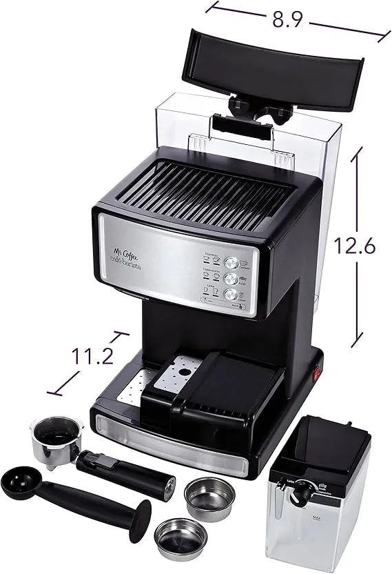 Mr. Coffee espresso and cappuccino maker, stainless steel, programmable coffee maker with automatic milk frother