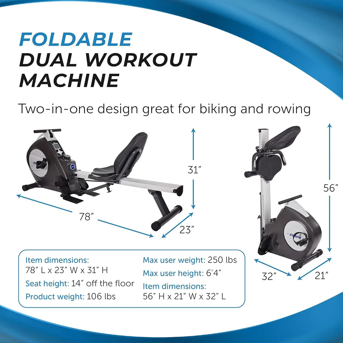 Stamina Conversion II – 2-in-1 Recumbent Bike and Rower for Home Workouts, 250 lbs Capacity