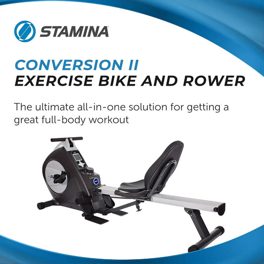 Stamina Conversion II – 2-in-1 Recumbent Bike and Rower for Home Workouts, 250 lbs Capacity
