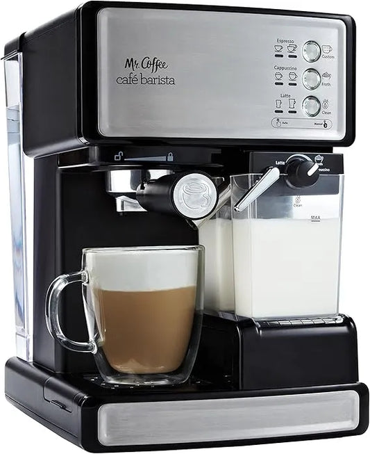 Mr. Coffee espresso and cappuccino maker, stainless steel, programmable coffee maker with automatic milk frother