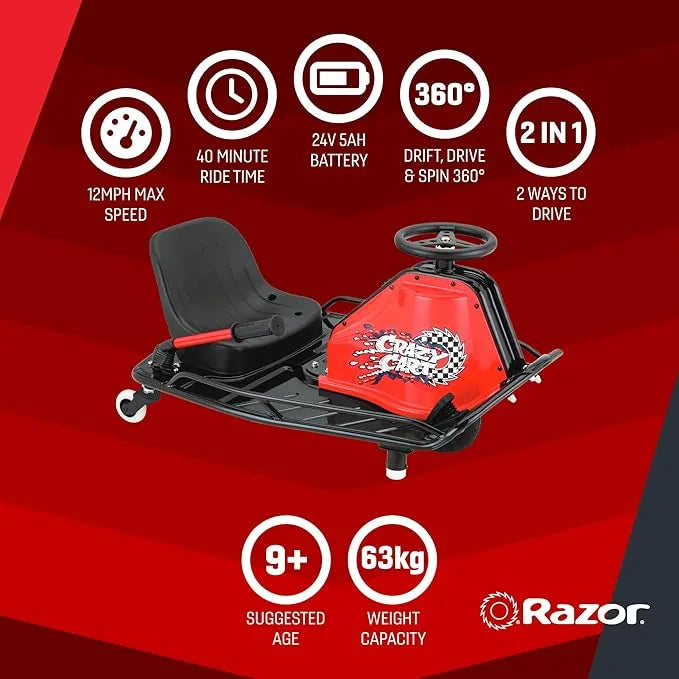 Razor Crazy Cart - 24V Electric Drifting Go Kart - Variable Speed, Up to 12 mph, Drift Bar for Controlled Drifts, Black/Red