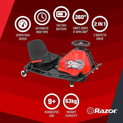 Razor Crazy Cart - 24V Electric Drifting Go Kart - Variable Speed, Up to 12 mph, Drift Bar for Controlled Drifts, Black/Red