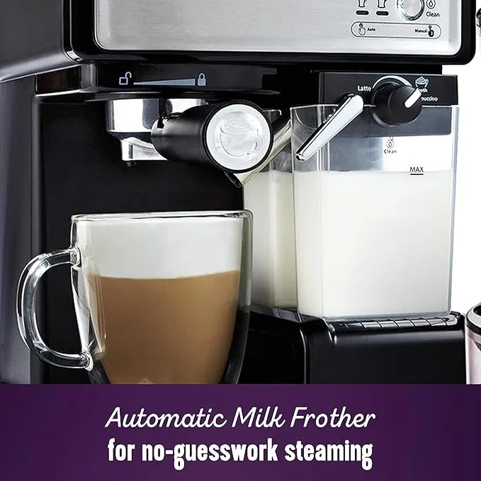 Mr. Coffee espresso and cappuccino maker, stainless steel, programmable coffee maker with automatic milk frother