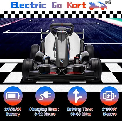 Electric Go Kart with Adjustable Seat, 24V Licensed BMW Drift Kart with 200W Dual Motors